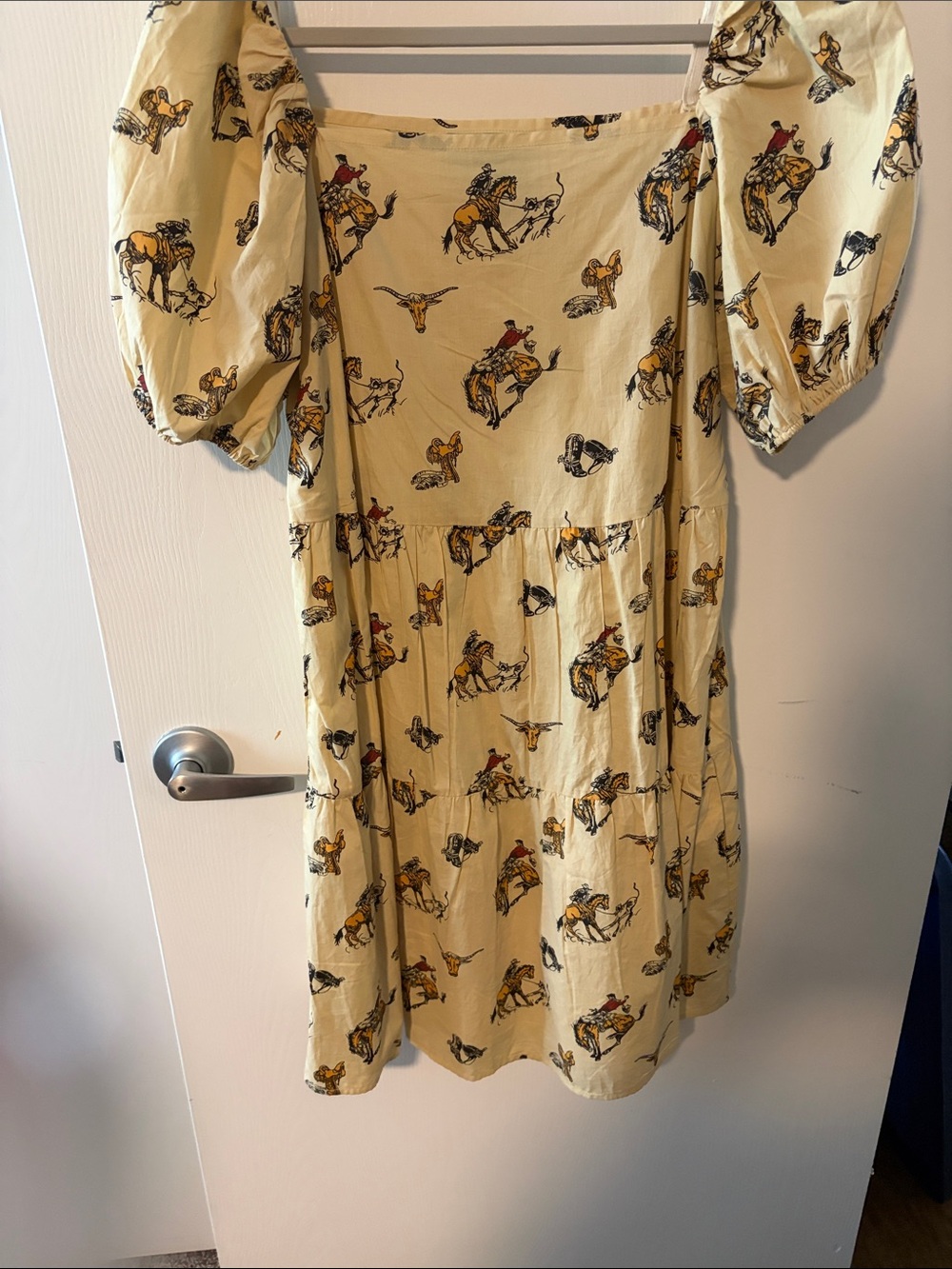Women's Yellow Cowboy Print Puff-Sleeve Dress